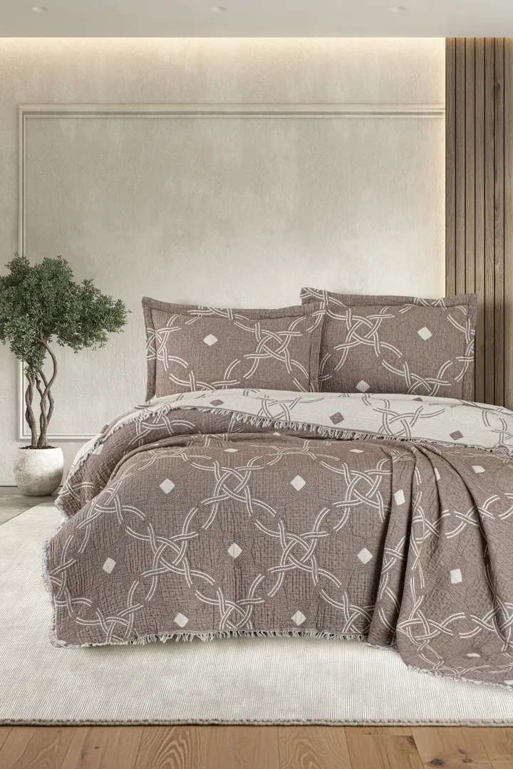 Муслінове покривало з наволочками Blooming. Montela 240 × 260 см (євро) Коричневий від First Choice