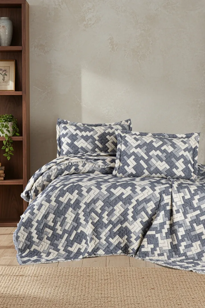 Муслінове покривало з наволочками Blooming. Rodya Denim 240 × 260 см (євро) Синій від First Choice