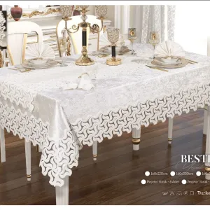 Велюрова скатертина з ранером Beste Set 160 × 220 см, кремова +8 серветок від Selin