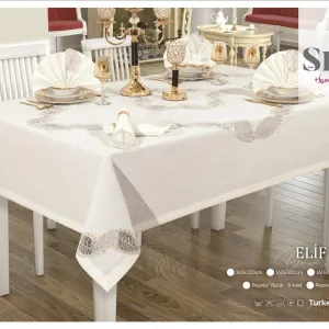 Лляна скатертина Elif Set 160 × 350 см, кремова +12 серветок від Selin