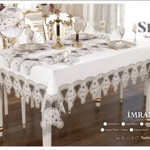 Лляна скатертина з ранером Imran Set 160 × 350 см, кремова +12 серветок від Selin