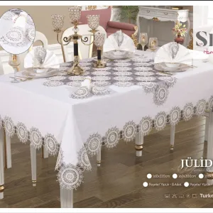 Лляна скатертина з ранером Julide Set 160 × 350 см, кремова +12 серветок від Selin