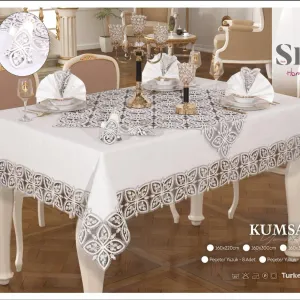 Лляна скатертина з ранером Kumsal Set 160 × 350 см, кремова +12 серветок від Selin
