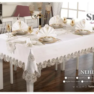 Лляна скатертина з ранером Nehir Set 160 × 350 см, кремова +12 серветок від Selin