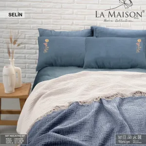 Комплект постільної білизни з пледом Selin 230 × 240 см Синій, Кремовий від La Maison