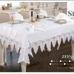 Лляна скатертина з ранером Zeynep Set 160 × 350 см, кремова +12 серветок від Selin