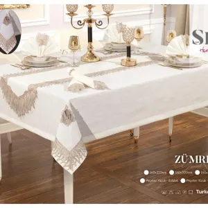 Лляна скатертина з ранером Zumre Set 160 × 350 см, кремова +12 серветок від Selin